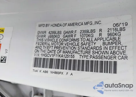 2019 Honda Accord Lx из США, поврежденный, VIN 1HGCV1F11KA125155